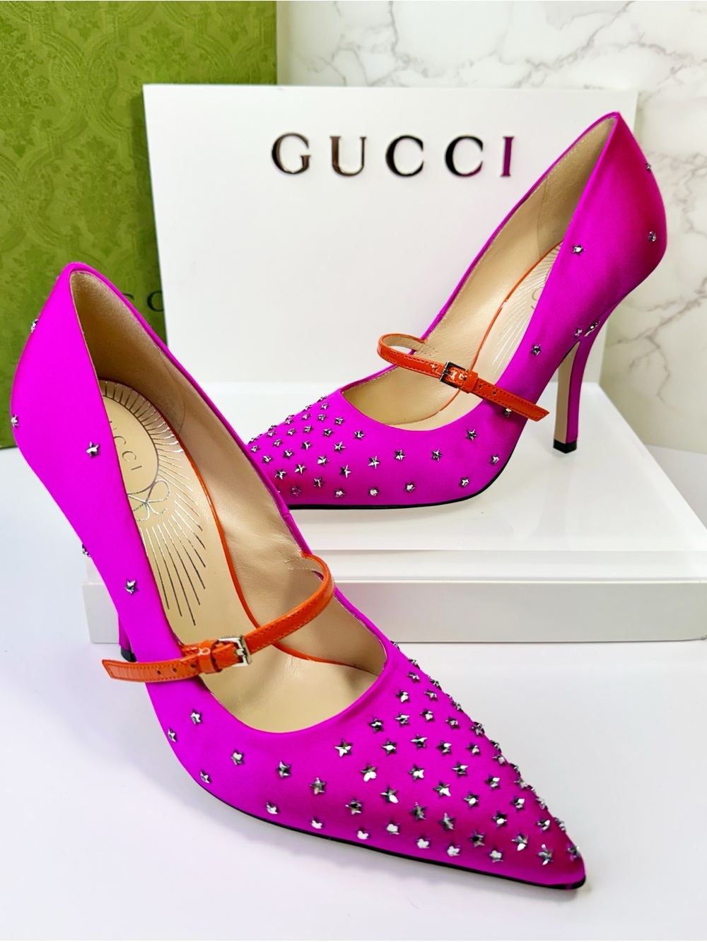 Gucci Star Crystal “Jodie Embellished Satin Pumps” in Fuchsia